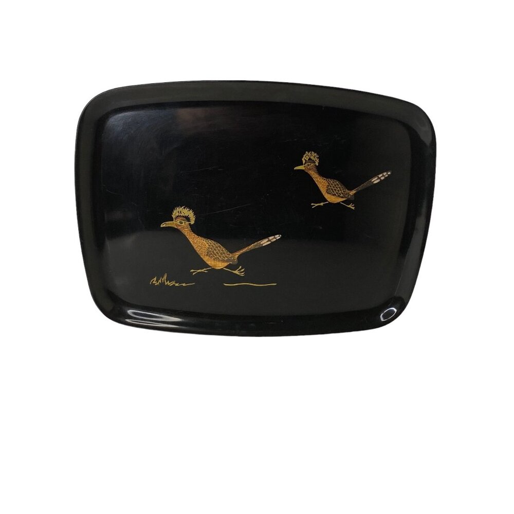 Couroc of Monterey black inlaid serving tray roadrunners bar MCM‎ retro vtg 70's